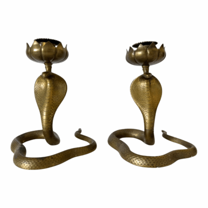 Vintage Indian Bronze Cobra Snake Candle Holder Stands with Lotus Flower Tops - Image 7