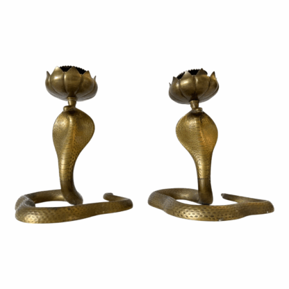 Vintage Indian Bronze Cobra Snake Candle Holder Stands with Lotus Flower Tops - Image 8
