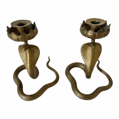 Vintage Indian Bronze Cobra Snake Candle Holder Stands with Lotus Flower Tops - Image 9
