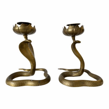 Vintage Indian Bronze Cobra Snake Candle Holder Stands with Lotus Flower Tops - Image 10