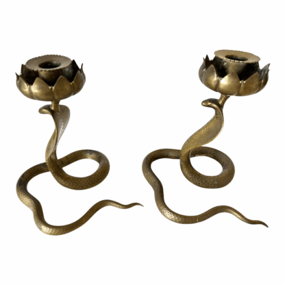 Vintage Indian Bronze Cobra Snake Candle Holder Stands with Lotus Flower Tops - Image 13