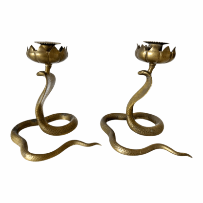 Vintage Indian Bronze Cobra Snake Candle Holder Stands with Lotus Flower Tops - Image 14
