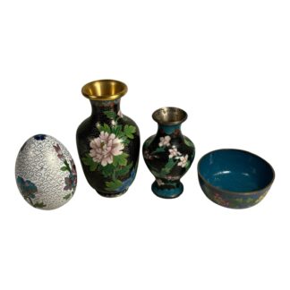 Antique Lot of 4 Pieces of Chinese Cloisonne with Bowl, Vases, Egg