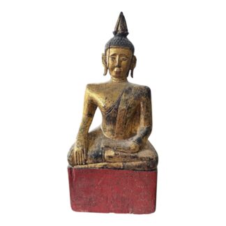 Antique Asian Thai Wood Carved Gold Gilt Seated Buddha Statue - Khmer Script