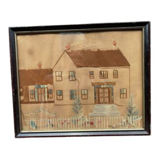 Antique Framed 1890 Embroidery Needlework Portrait of Old Home