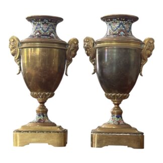 Antique Pair of Neoclassical Bronze & Cloisonné Mantel Urns or Vases