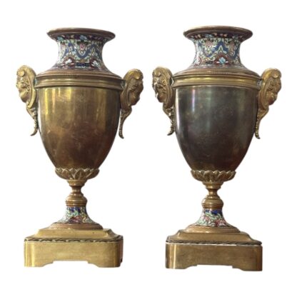 Antique Pair of Neoclassical Bronze & Cloisonné Mantel Urns or Vases
