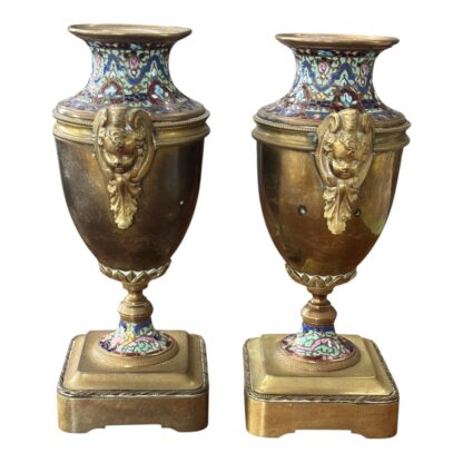 Antique Pair of Neoclassical Bronze & Cloisonné Mantel Urns or Vases - Image 2