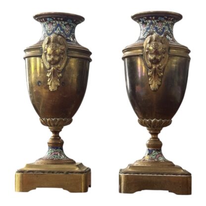 Antique Pair of Neoclassical Bronze & Cloisonné Mantel Urns or Vases - Image 4