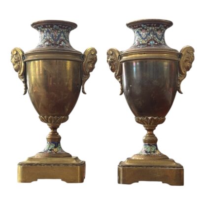 Antique Pair of Neoclassical Bronze & Cloisonné Mantel Urns or Vases - Image 5