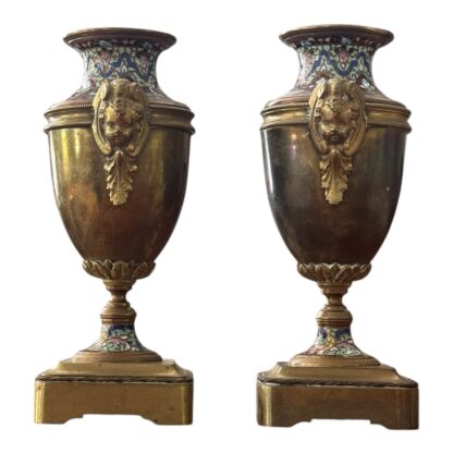 Antique Pair of Neoclassical Bronze & Cloisonné Mantel Urns or Vases - Image 6