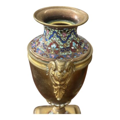 Antique Pair of Neoclassical Bronze & Cloisonné Mantel Urns or Vases - Image 11