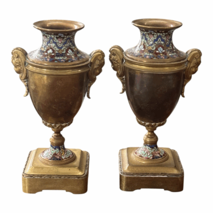 Antique Pair of Neoclassical Bronze & Cloisonné Mantel Urns or Vases - Image 3