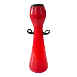 Vintage Hand Blown Red Art Glass Vase with Black Scroll Handles