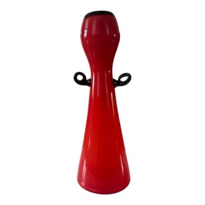 Vintage Hand Blown Red Art Glass Vase with Black Scroll Handles - Image 12