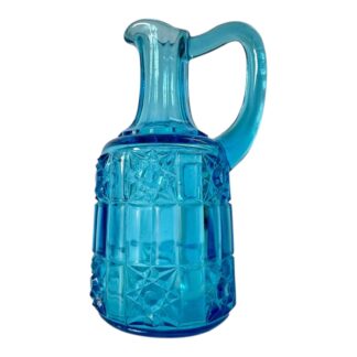 Vintage Blue Pressed Glass Pitcher with Starburst Pattern, Mid-Century