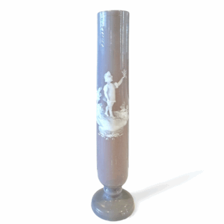 Antique Bohemian Mary Gregory Etched Purple Art Glass Bud Vase - Child Landscape