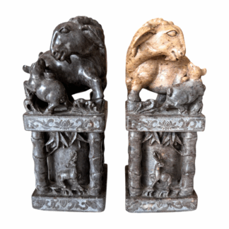 Antique Chinese Hand Carved Soapstone Seal Stamps Figure Pair - Animal Finials