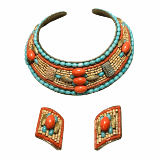 Vintage Egyptian Revival Turquoise Coral Collar Necklace & Earrings - MJ Hansen