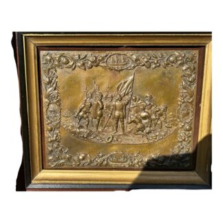 Antique Shadow Box Frame Brass Plague with Christopher Columbus Landing