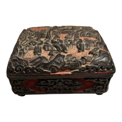 Antique Chinese Carved Wood Cinnabar Cloisonne Box