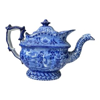 Antique Staffordshire Pottery Flow Blue Transferware Teapot - Romantic Scene