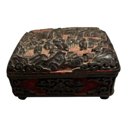 Antique Chinese Carved Wood Cinnabar Cloisonne Box - Image 4