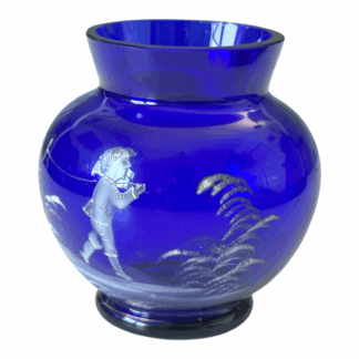 Antique Bohemian Mary Gregory Etched Cobalt Blue Miniature Art Glass Vase