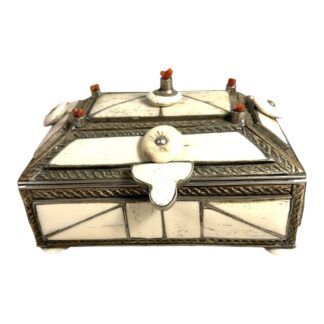 Vintage Moroccan Camel Bone Sandok Jewelry Trinket Box - Inlaid Metal Accents