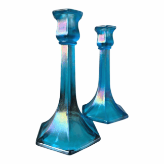 Antique Fenton Celeste Blue Iridescent Stretch Glass Candlesticks
