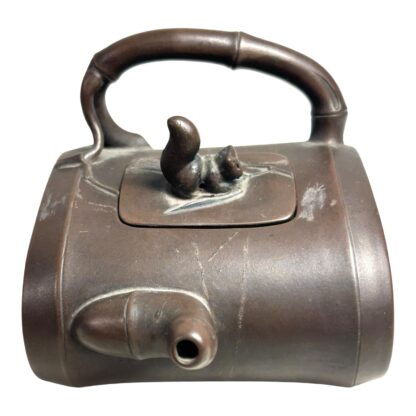 Antique Chinese Yixing Bamboo Form Clay Teapot with Applied Squirrel
