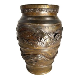 Antique Bronze Meiji Period Banded Vase with High Relief Dragon Theme