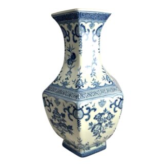 Antique Chinese Qing Dynasty 6 Sided Blue & White Floral Vase - Marked on Bottom