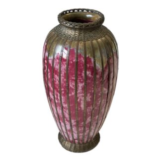 Antique Japanese Meiji Period Art Vase with Silver Basket Weave Overlay