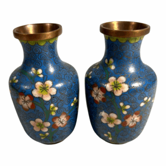 Antique Chinese Brass Cloisonne Blue Painted Floral Vases - Set of Two