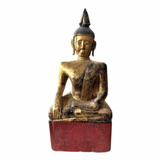 Antique Thai Gold Gilt Wood Seated Buddha Statue with Khmer Script on Red Base