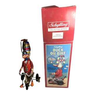 Vintage Schylling Tin Wind Up Toy - Duck on Bike with Box - Working