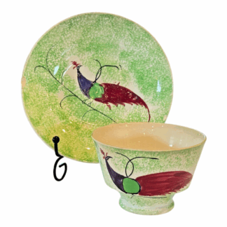Antique Staffordshire Green Spatterware Spongeware Cup & Saucer - Peafowl Design