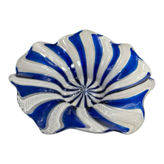 Vintage Mid-Century Murano Blue & White Latticino Art Glass Bowl