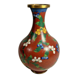 Antique Chinese Cloisonné Red Floral Vase with Brass Rim