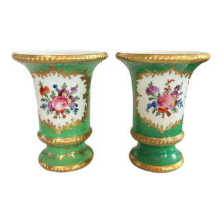 Antique Dresden Hand Painted Porcelain Green & Gold Floral Cabinet Vases (Pair)