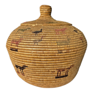 Antique Native American Coiled Lidded Grass Basket with Animal Figures