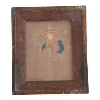 Antique 1800s Folk Art Watercolor Painting Still Life of a Young Boy - Framed