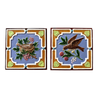 Antique Pair 1870s Minton Hollins Majolica Bird Wall Tiles
