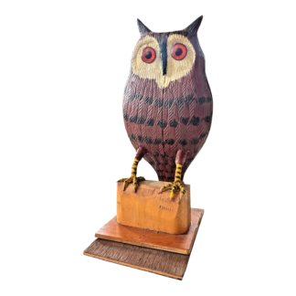 Vintage Carved Folk Art Wood Owl Sculpture Glass Eyes - Signed by Carl Scharver