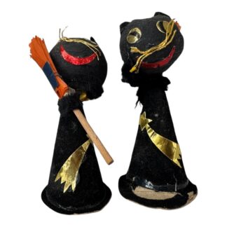 Vintage Japan Halloween Black Cat Figurines with Brooms (Set of 2)