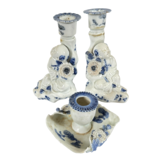 Antique Japanese Hirado Porcelain Figural Boy Candlestick Pair with Companion