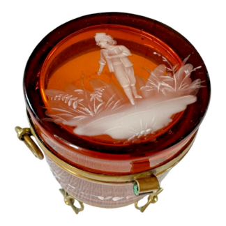 Antique Bohemian Mary Gregory Etched Amber Glass Footed Dresser Trinket Box