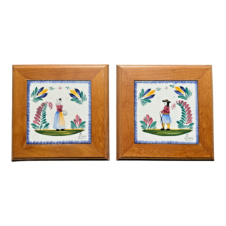 Vintage French Villeroy & Boch Breton Couple Folk Art Trivets - Framed Pair
