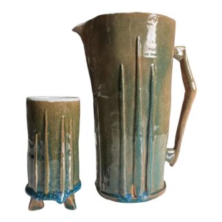 Vintage Studio Pottery Decorative Pitcher & Tripod Cup Set - Signed Mac Phee